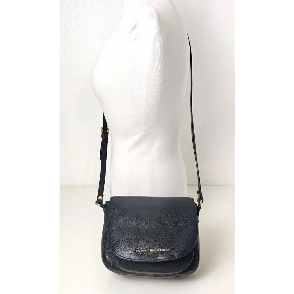 VTG TOMMY HILFIGER BLUE GENUINE LEATHER MESSENGER SHOULDER BAG X-BODY HANDBAG